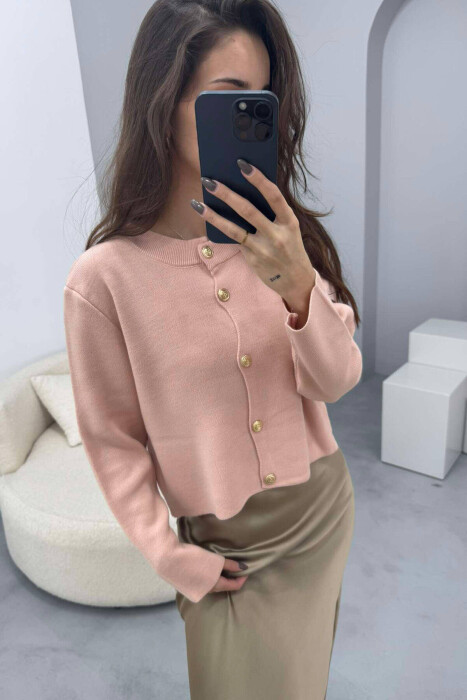 GOLD BUTTONS ROUND NECK WOMEN CARDIGAN POWDER/PUDER - 2