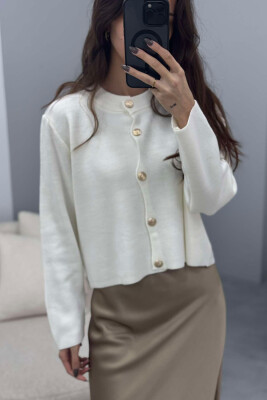 GOLD BUTTONS ROUND NECK WOMEN CARDIGAN WHITE-E BARDHE 