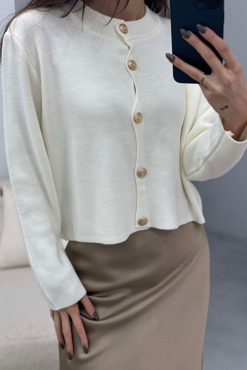 GOLD BUTTONS ROUND NECK WOMEN CARDIGAN WHITE-E BARDHE - 3