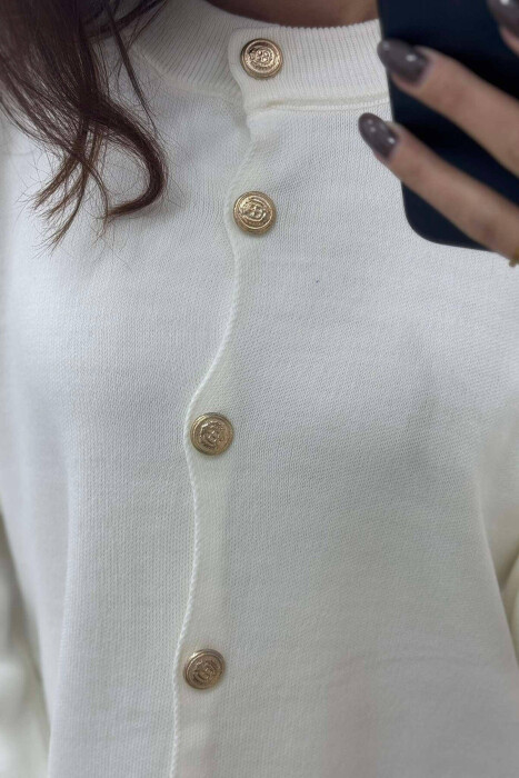 GOLD BUTTONS ROUND NECK WOMEN CARDIGAN WHITE-E BARDHE - 4