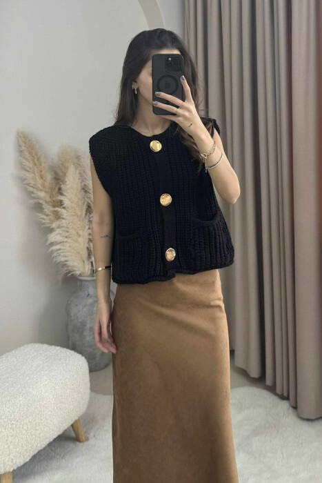 GOLD BUTTONS SIMPLE KNIT WOMEN VEST BLACK/ E ZEZE - 4