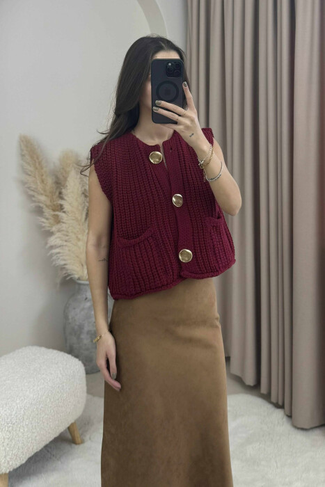 GOLD BUTTONS SIMPLE KNIT WOMEN VEST BURGUNDY/VISHNJE - 3