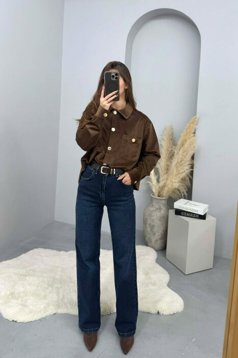 GOLD BUTTONS SIMPLE WOMEN SHIRT BROWN/KAFE - KLAUDIO FASHION