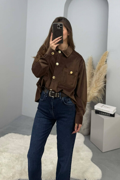 GOLD BUTTONS SIMPLE WOMEN SHIRT BROWN/KAFE - 2