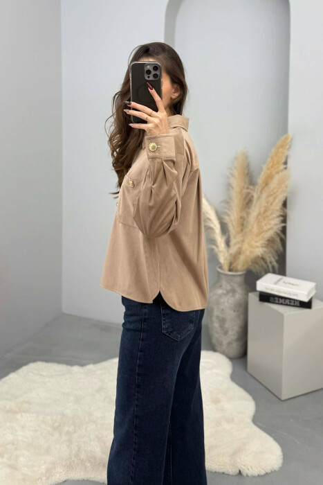 GOLD BUTTONS SIMPLE WOMEN SHIRT LIGHT BROWN/KAZB - 2