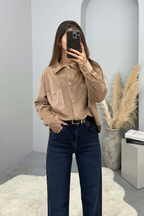 GOLD BUTTONS SIMPLE WOMEN SHIRT LIGHT BROWN/KAZB - 3