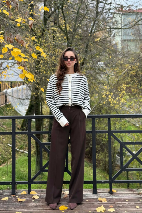 GOLD BUTTONS STRIPED WOMEN CARDIGAN CREAM+BLACK/KREM+ZEZE - KLAUDIO FASHION