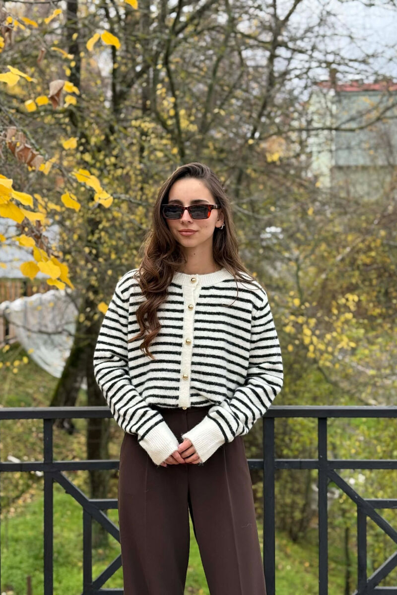 GOLD BUTTONS STRIPED WOMEN CARDIGAN CREAM+BLACK/KREM+ZEZE - 2