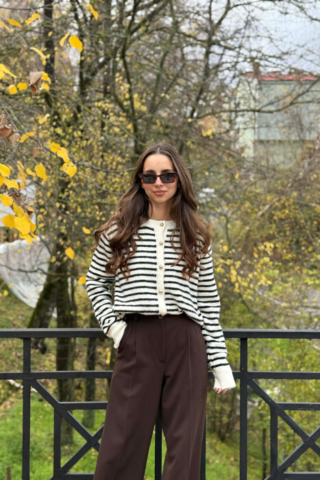 GOLD BUTTONS STRIPED WOMEN CARDIGAN CREAM+BLACK/KREM+ZEZE - 3