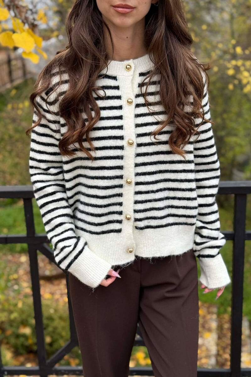 GOLD BUTTONS STRIPED WOMEN CARDIGAN CREAM+BLACK/KREM+ZEZE - 4