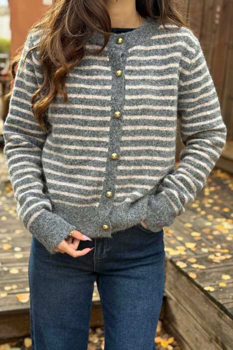 GOLD BUTTONS STRIPED WOMEN CARDIGAN GREY/GRI - 3
