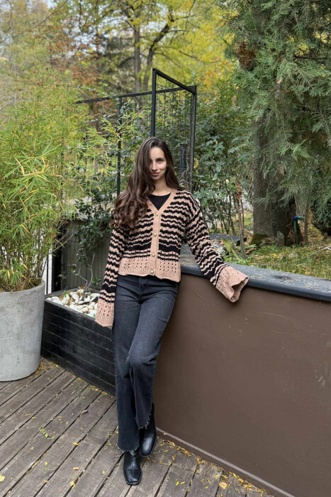 GOLD BUTTONS STRIPES WOMEN CARDIGAN BLACK-BROWN/ZEKA 