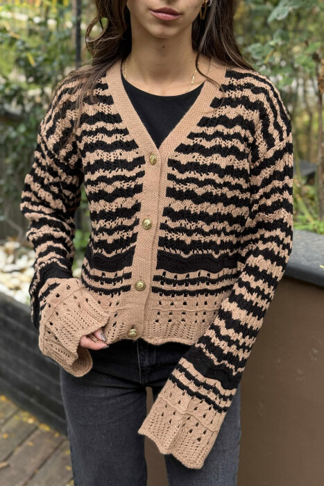 GOLD BUTTONS STRIPES WOMEN CARDIGAN BLACK-BROWN/ZEKA - 3