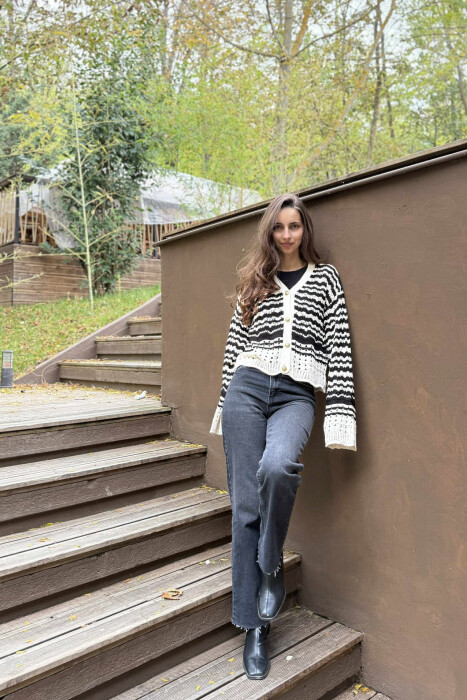 GOLD BUTTONS STRIPES WOMEN CARDIGAN BLACK-CREAM/ZEKR 