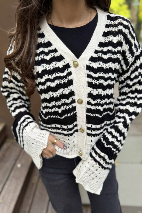 GOLD BUTTONS STRIPES WOMEN CARDIGAN BLACK-CREAM/ZEKR - 2