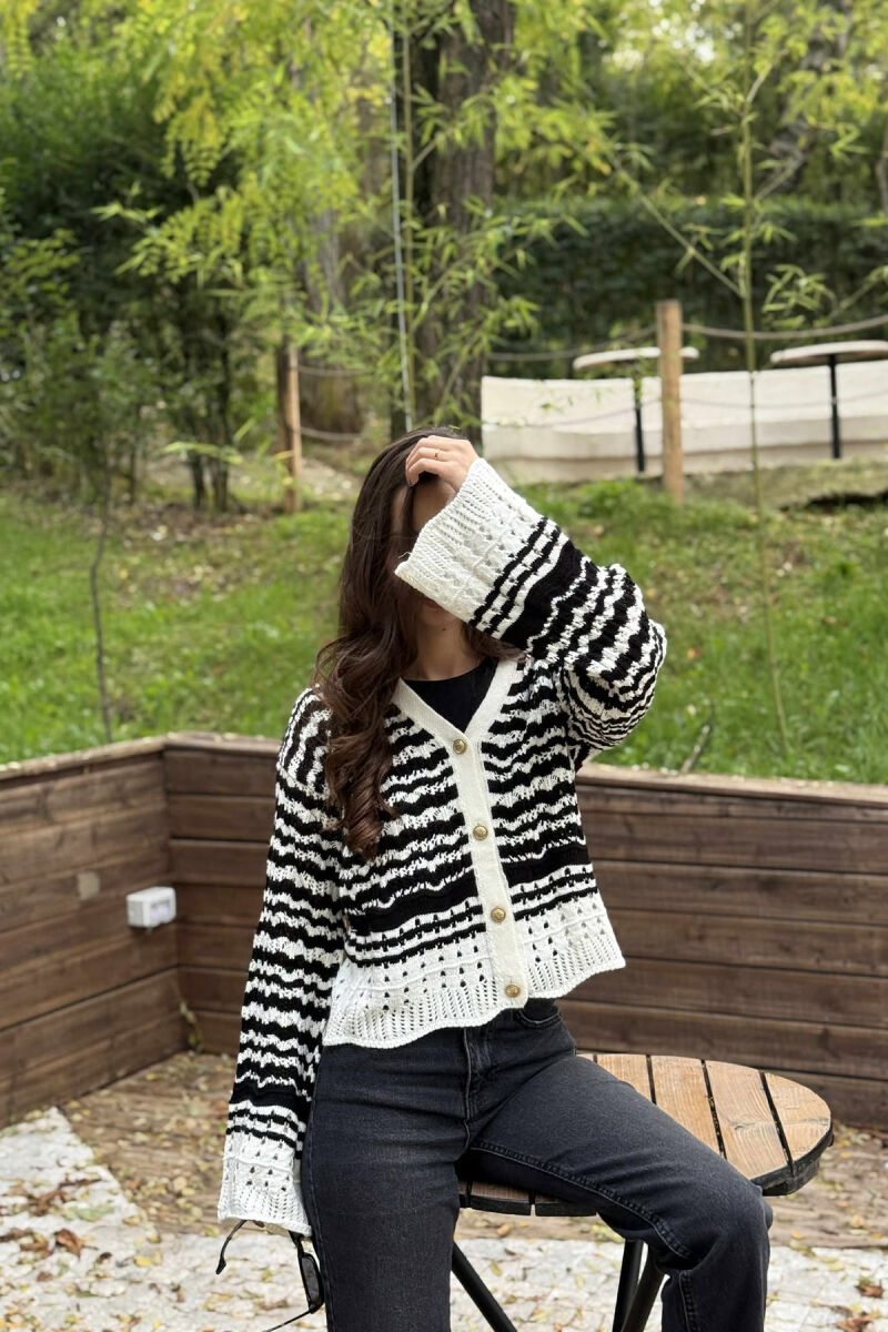 GOLD BUTTONS STRIPES WOMEN CARDIGAN WHITE-BLACK/BAZE - 2