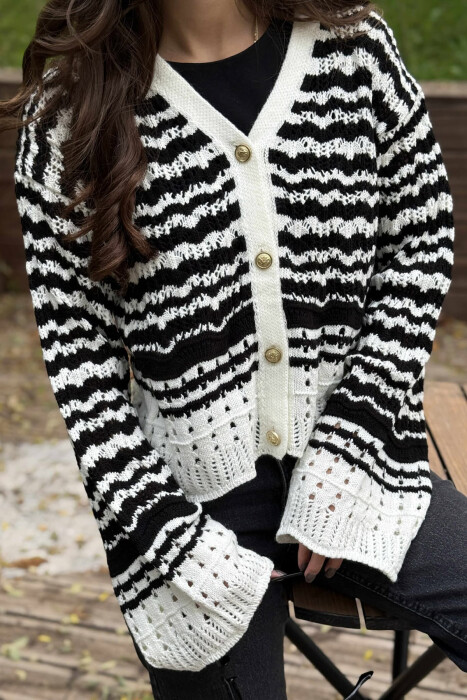GOLD BUTTONS STRIPES WOMEN CARDIGAN WHITE-BLACK/BAZE - 4