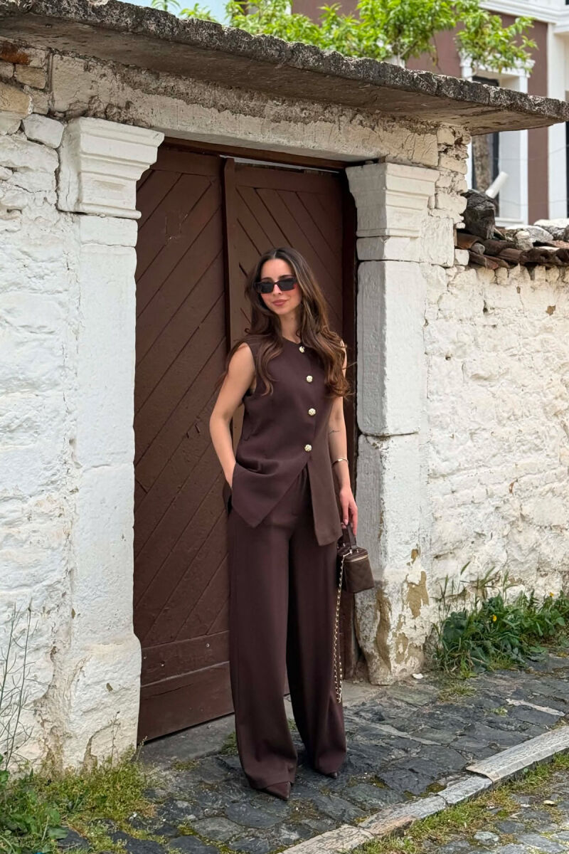 GOLD BUTTONS VEST + TROUSERS WOMAN SET BROWN/KAFE - 3