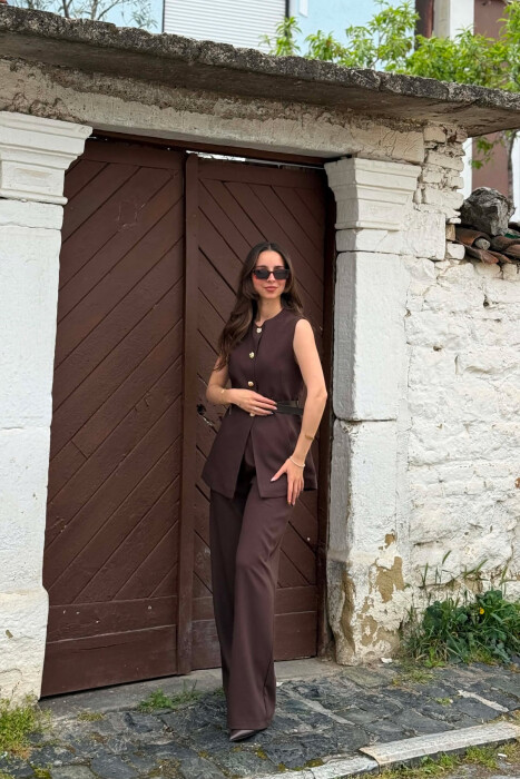 GOLD BUTTONS VEST + TROUSERS WOMAN SET BROWN/KAFE - 4
