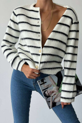 GOLD BUTTONS WOMEN CARDIGAN WHITE-BLACK/BAZE 