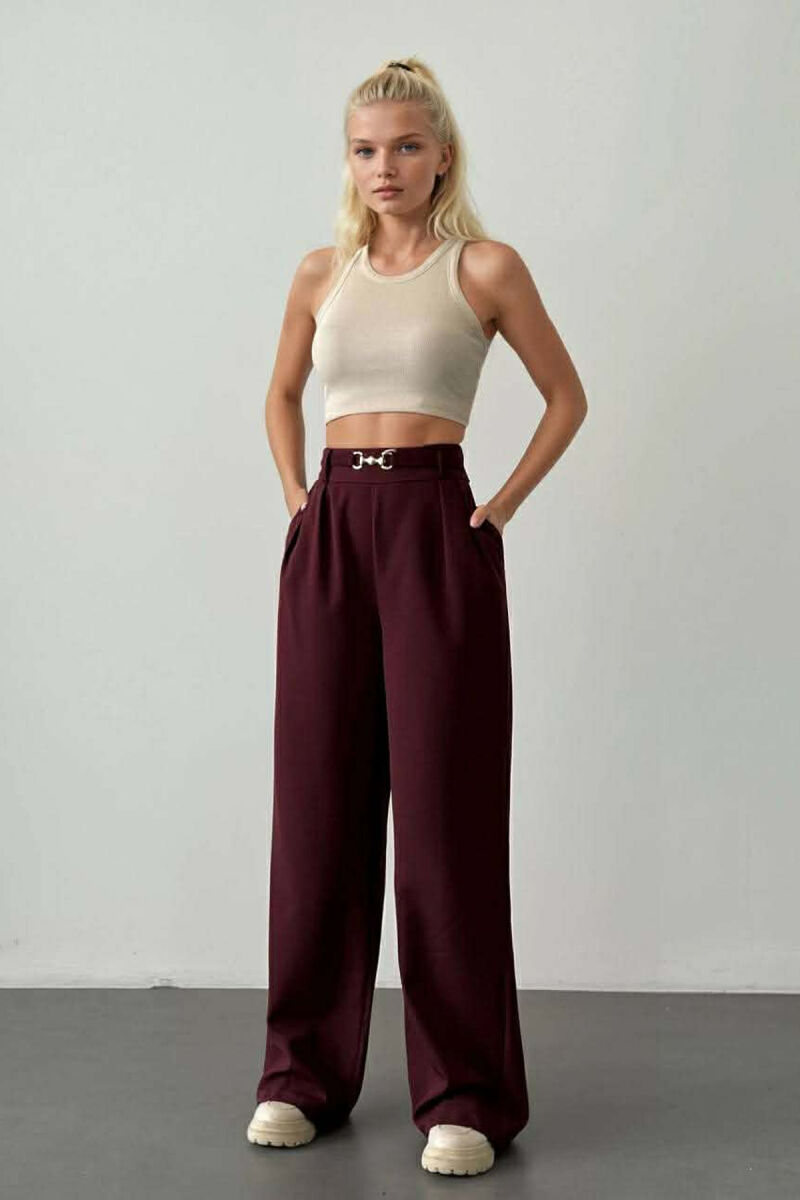 GOLD DETAIL BELT WOMAN TROUSERS BURGUNDY/VISHNJE - 1