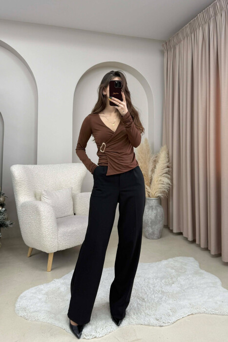 GOLD DETAIL ONE COLOR WOMEN SWEATSHIRT BROWN/KAFE - 2