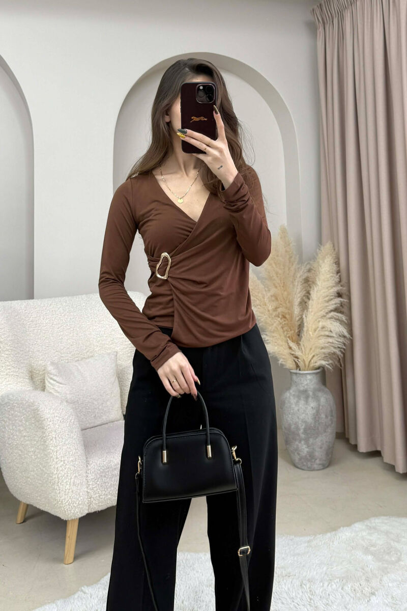 GOLD DETAIL ONE COLOR WOMEN SWEATSHIRT BROWN/KAFE - 4