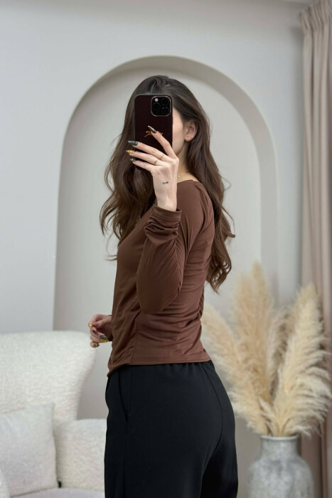GOLD DETAIL ONE COLOR WOMEN SWEATSHIRT BROWN/KAFE - 5