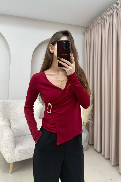 GOLD DETAIL ONE COLOR WOMEN SWEATSHIRT BURGUNDY/VISHNJE - 1