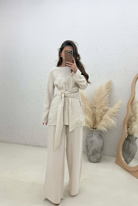 GOLD DETAIL SWEATSHIRT + TROUSERS WOMAN SET BEIGE/BEZHE - 1