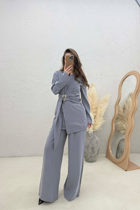 SET BLUZE ME DETAJ GOLD+PANTALLONA PER FEMRA NE NGJYRE GRI - KLAUDIO FASHION