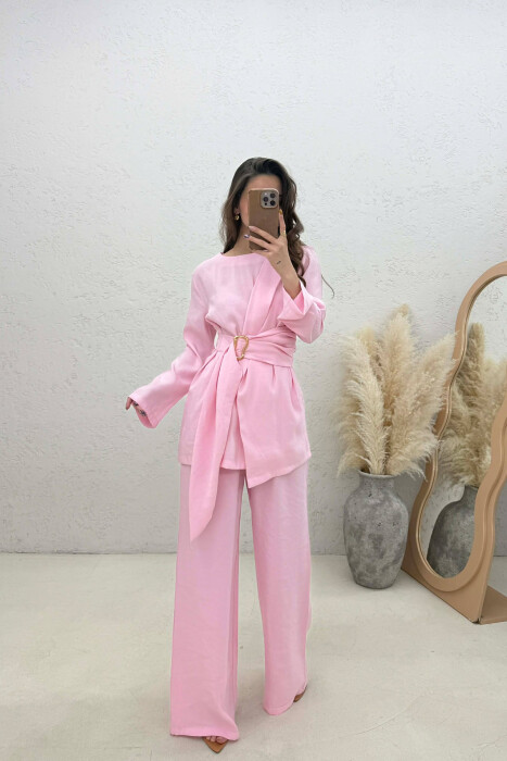 GOLD DETAIL SWEATSHIRT + TROUSERS WOMAN SET PINK/ROZE - KLAUDIO FASHION