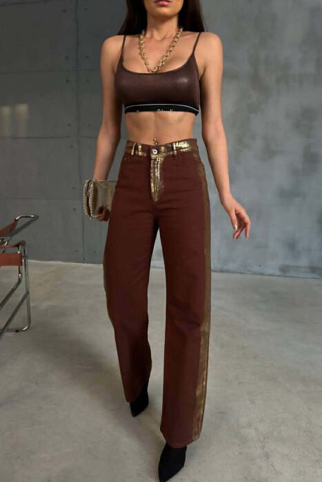 GOLD DETAILS ONE COLOR WOMEN JEANS BROWN/KAFE - KLAUDIO FASHION