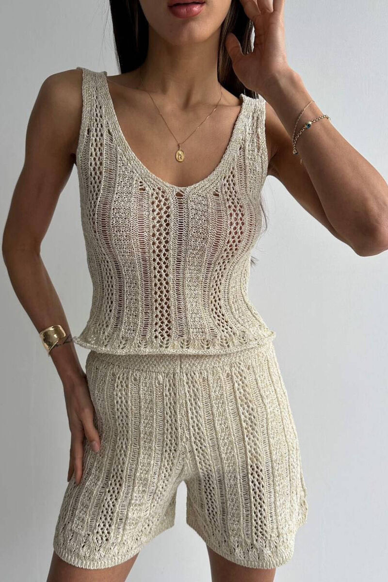 GOLD SPARKLES CROP+SHORTS WOMEN SET CREAM/KREM - 8