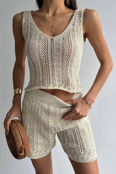 GOLD SPARKLES CROP+SHORTS WOMEN SET CREAM/KREM - 7