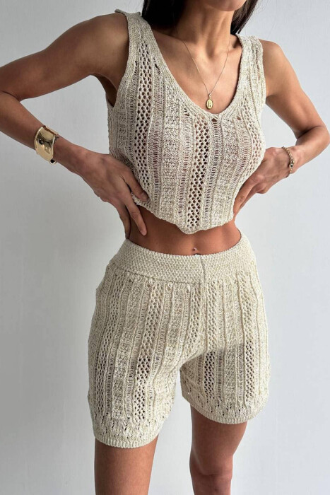 GOLD SPARKLES CROP+SHORTS WOMEN SET CREAM/KREM - 9