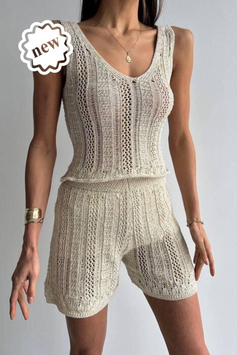 GOLD SPARKLES CROP+SHORTS WOMEN SET CREAM/KREM - 6