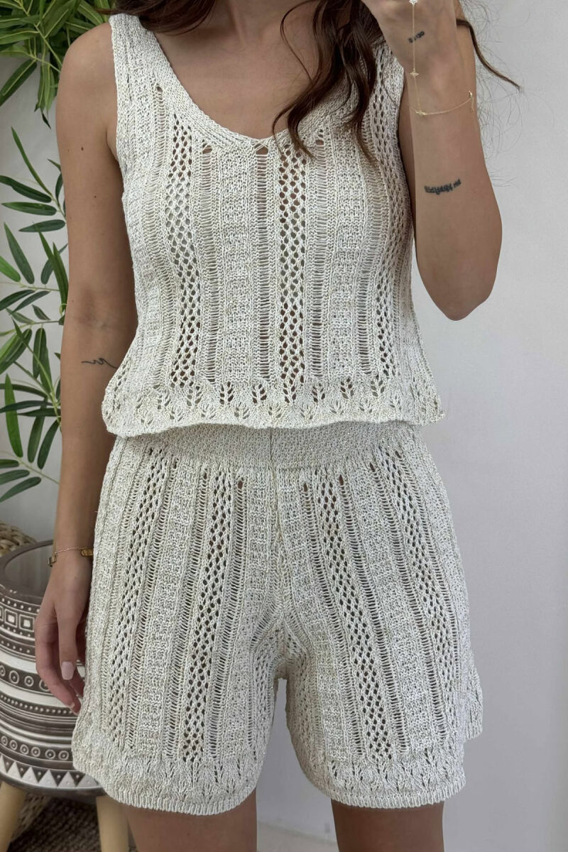 GOLD SPARKLES CROP+SHORTS WOMEN SET CREAM/KREM - 4