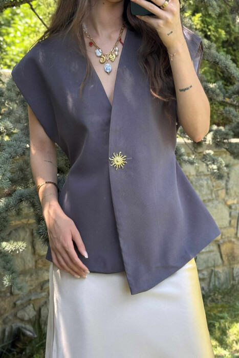 GOLD SUN BUTTON DETAIL LACING WOMEN VEST DARK GREY/GEE - 2