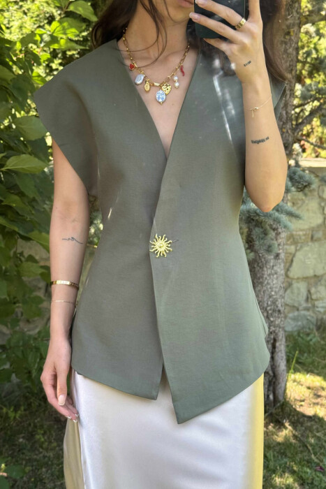 GOLD SUN BUTTON DETAIL LACING WOMEN VEST GREEN/JESHILE - 2