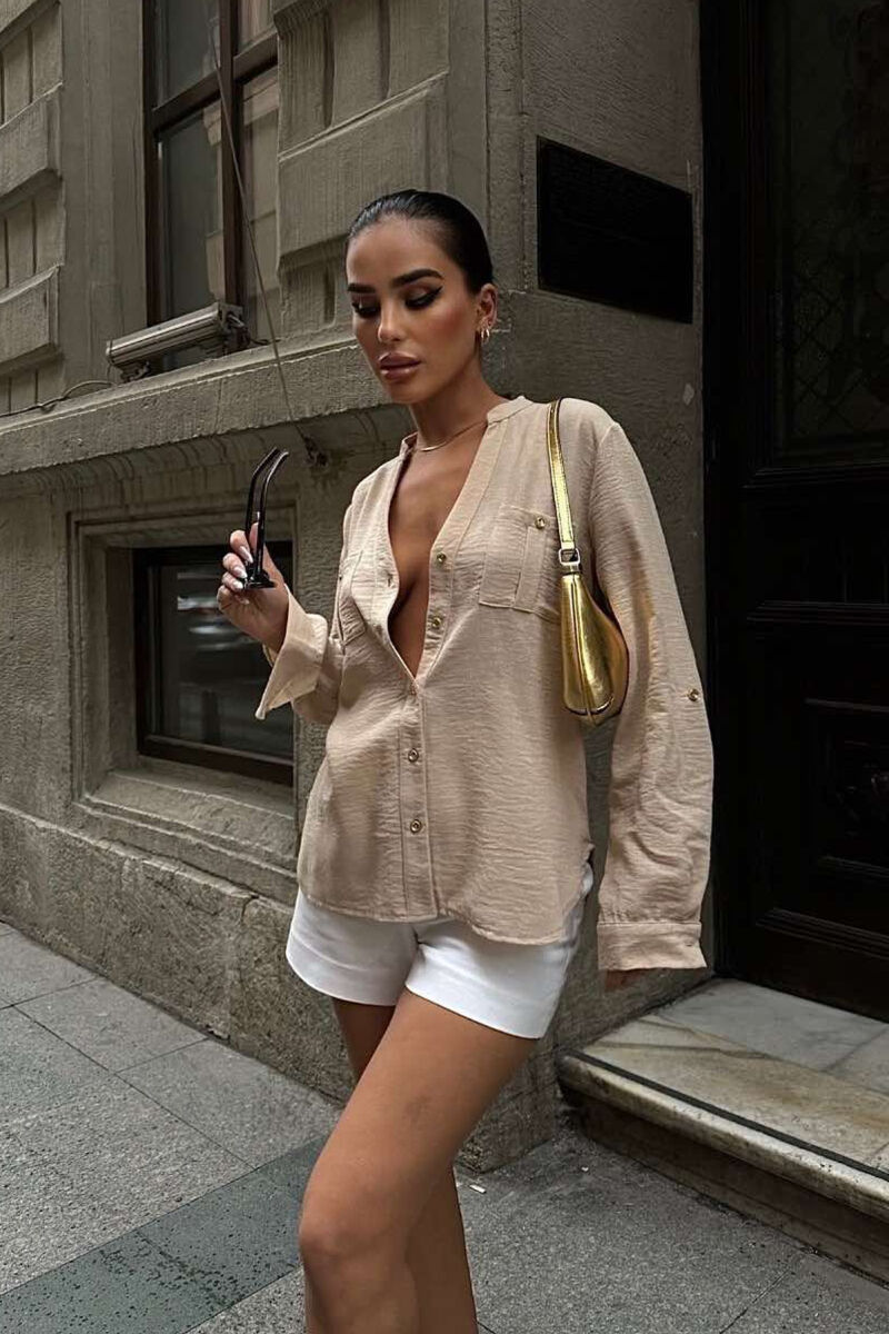 GOLDEN BUTTONS DETAIL ONE COLOR WOMEN SHIRT BEIGE/BEZHE - 2