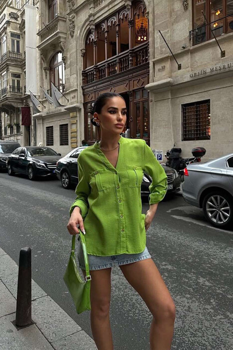 GOLDEN BUTTONS DETAIL ONE COLOR WOMEN SHIRT LIGHT GREEN/JEZB 