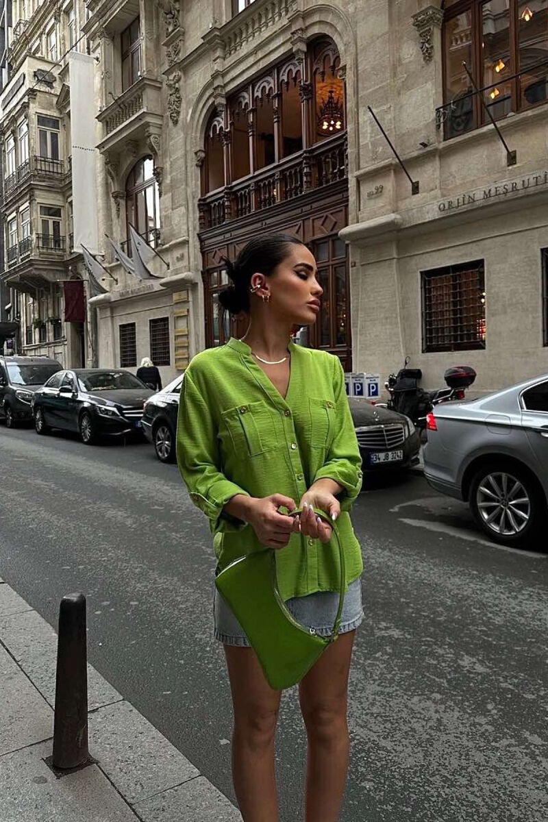 GOLDEN BUTTONS DETAIL ONE COLOR WOMEN SHIRT LIGHT GREEN/JEZB - 2