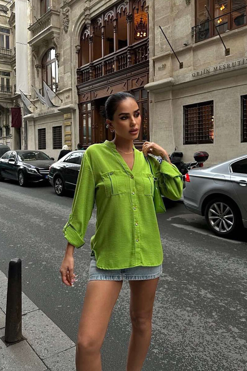 GOLDEN BUTTONS DETAIL ONE COLOR WOMEN SHIRT LIGHT GREEN/JEZB - 3
