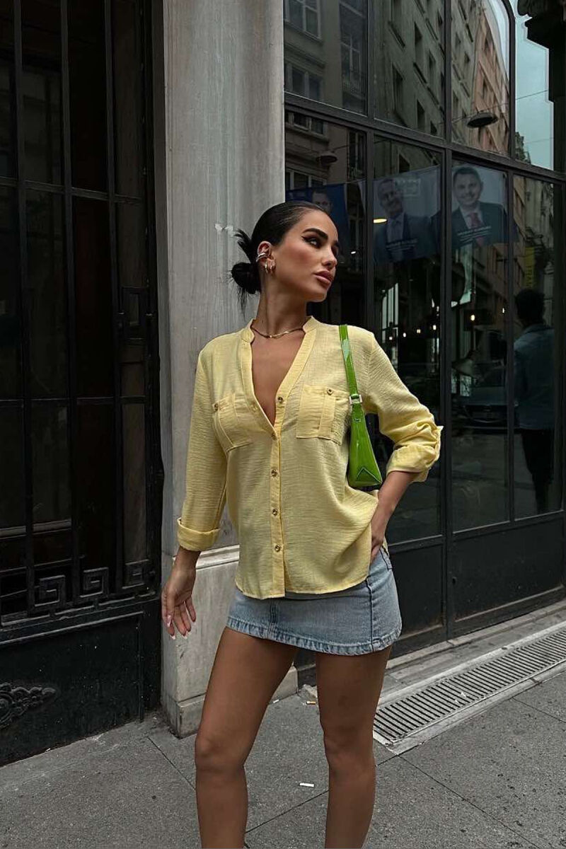 GOLDEN BUTTONS DETAIL ONE COLOR WOMEN SHIRT YELLOW/E VERDHE - 1