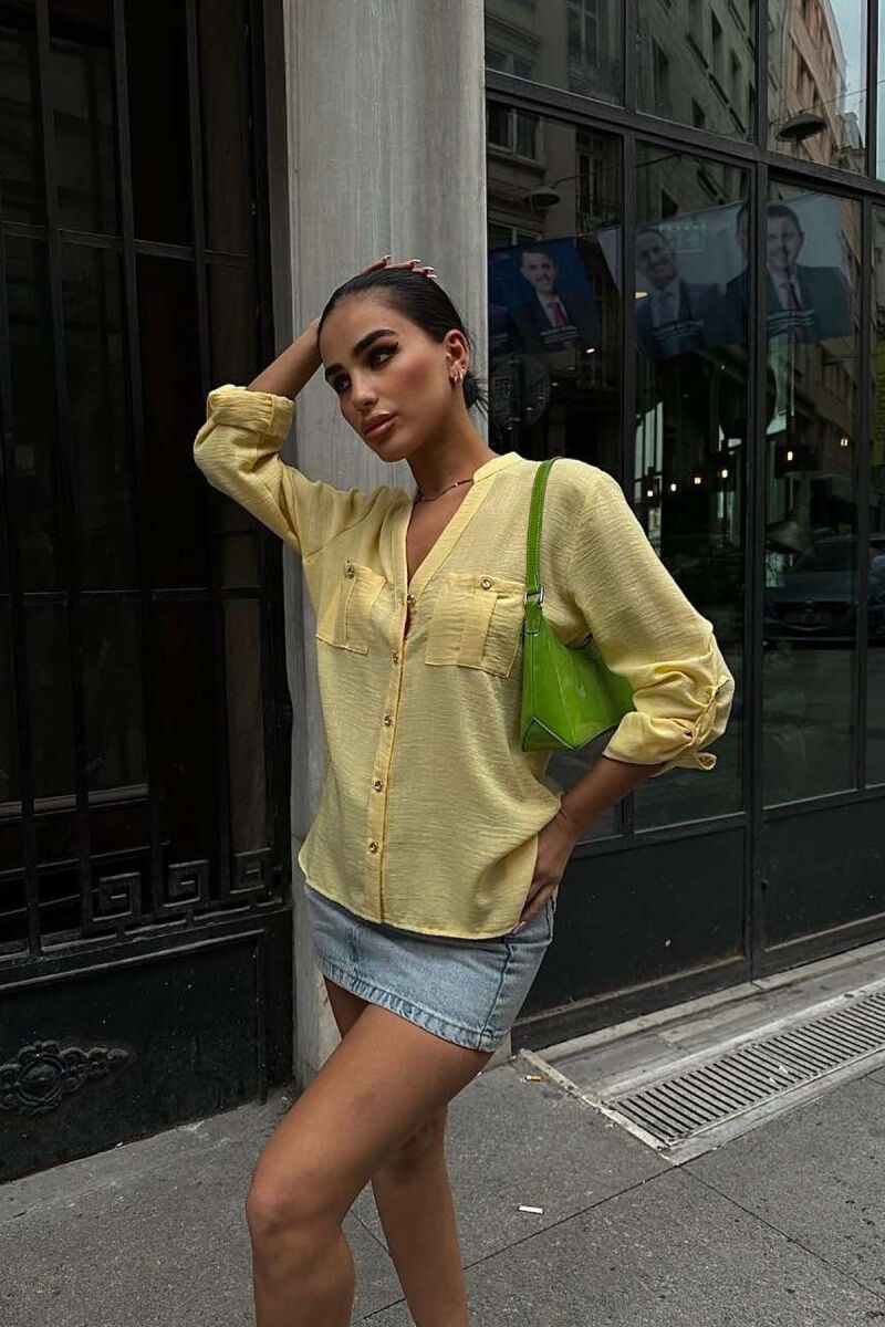 GOLDEN BUTTONS DETAIL ONE COLOR WOMEN SHIRT YELLOW/E VERDHE - 4