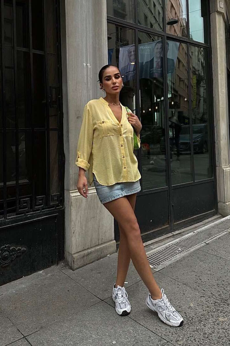 GOLDEN BUTTONS DETAIL ONE COLOR WOMEN SHIRT YELLOW/E VERDHE - 5