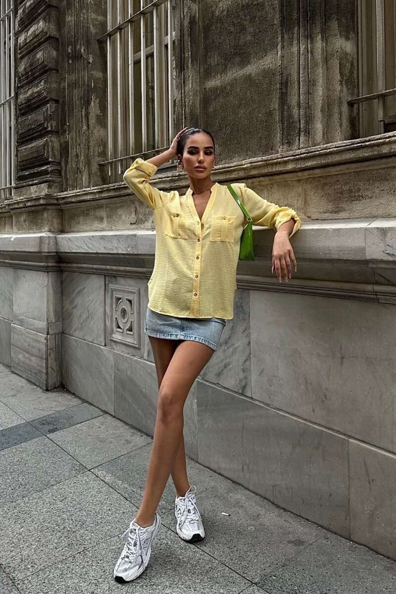 GOLDEN BUTTONS DETAIL ONE COLOR WOMEN SHIRT YELLOW/E VERDHE - 6