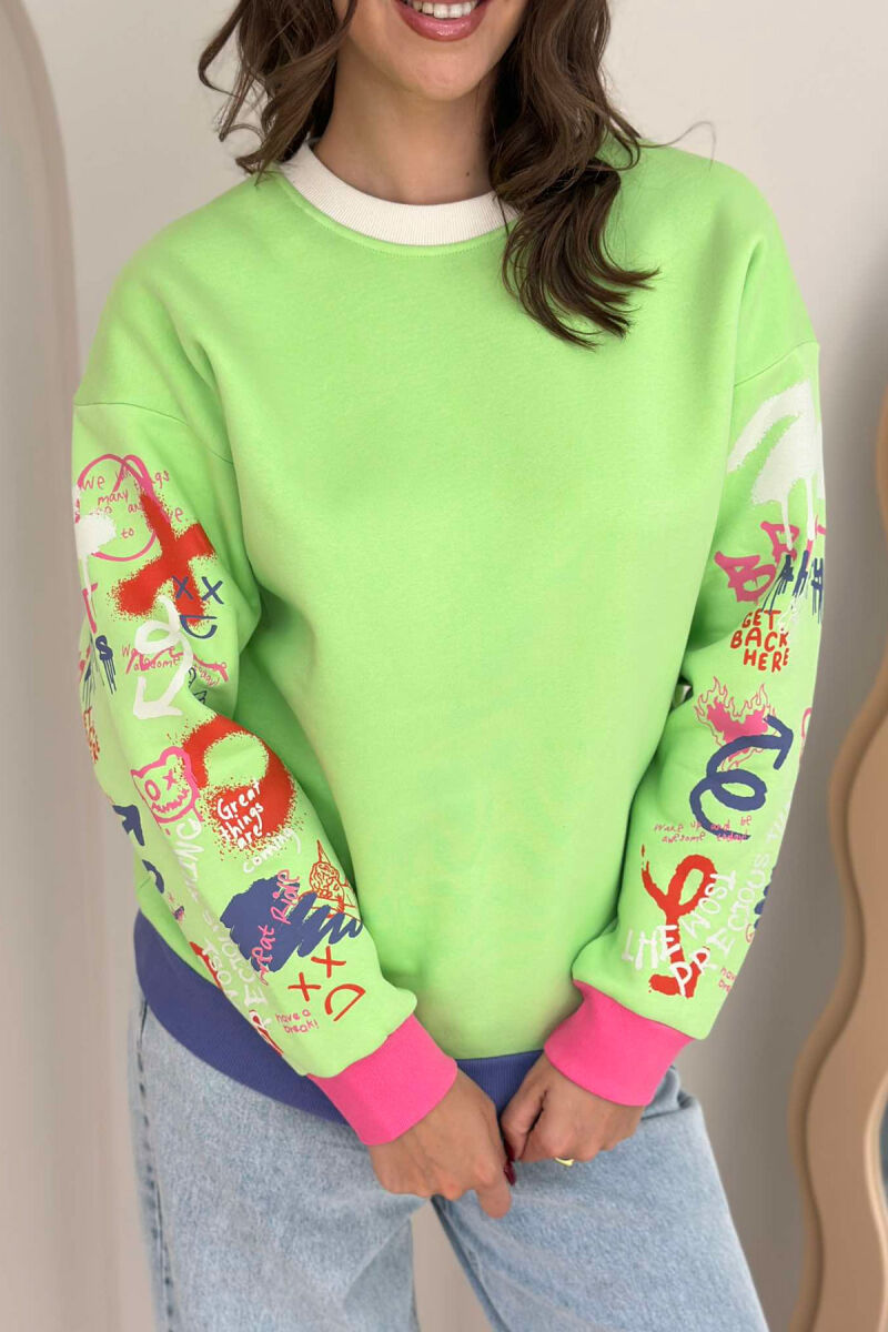 GRAFFITI SLEEVE DESIGN WOMEN SWEATSHIRT LIGHT GREEN/JEZB - 4