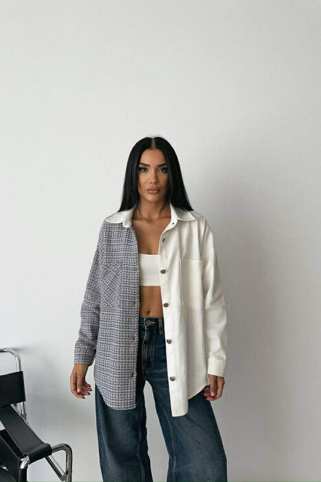 HALF KNITTED HALF DENIM DESIGN WOMEN SHIRT WHITE-E BARDHE - KLAUDIO FASHION